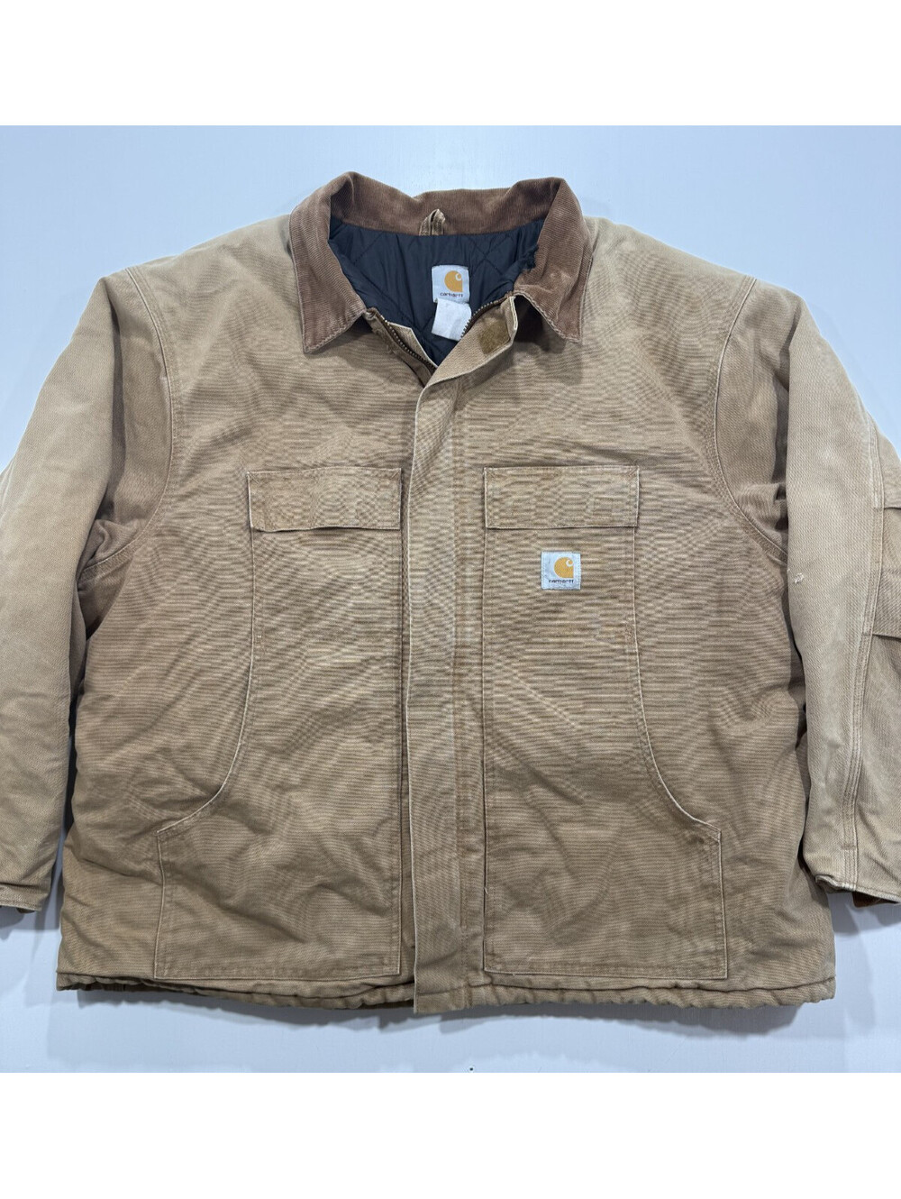 Carhartt Jacket Mens Approx 2XL Tan Canvas Quilted Lined Corduroy Collar